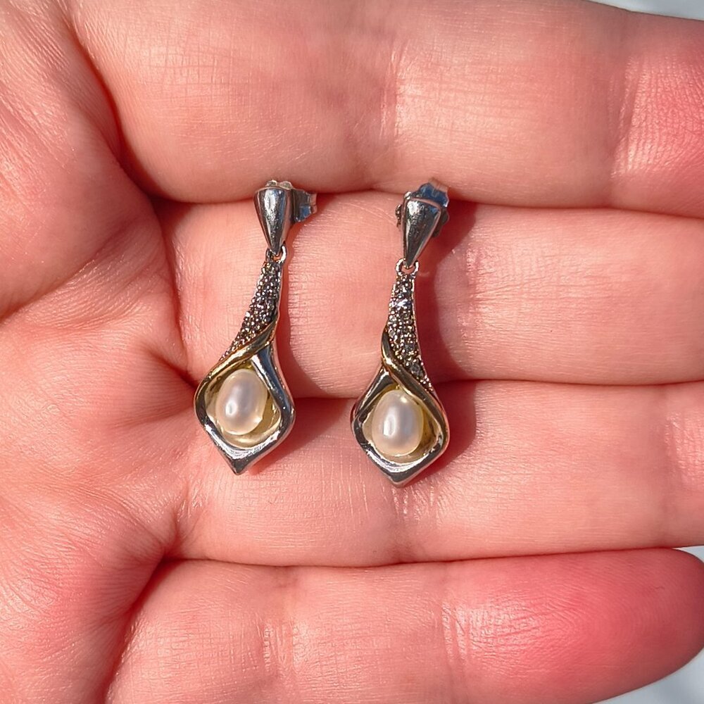 Alwand Vahan Calla Lily Earrings - Sterling/14K Diamonds & Freshwater Pearls